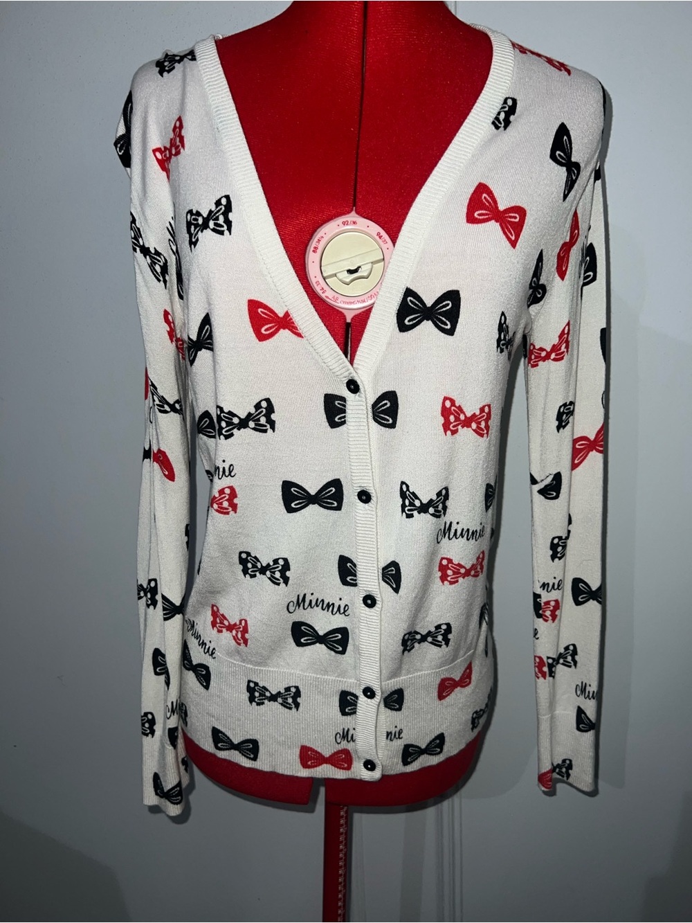 Disney Park White Minnie Mouse Bow-Print Cardigan Sweater size medium